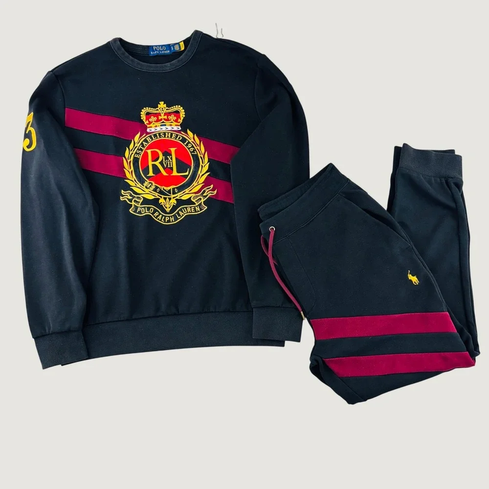 Polo Ralph Lauren Mens Tracksuit Set Black Crest Sweatshirt Joggers Set Sz Small